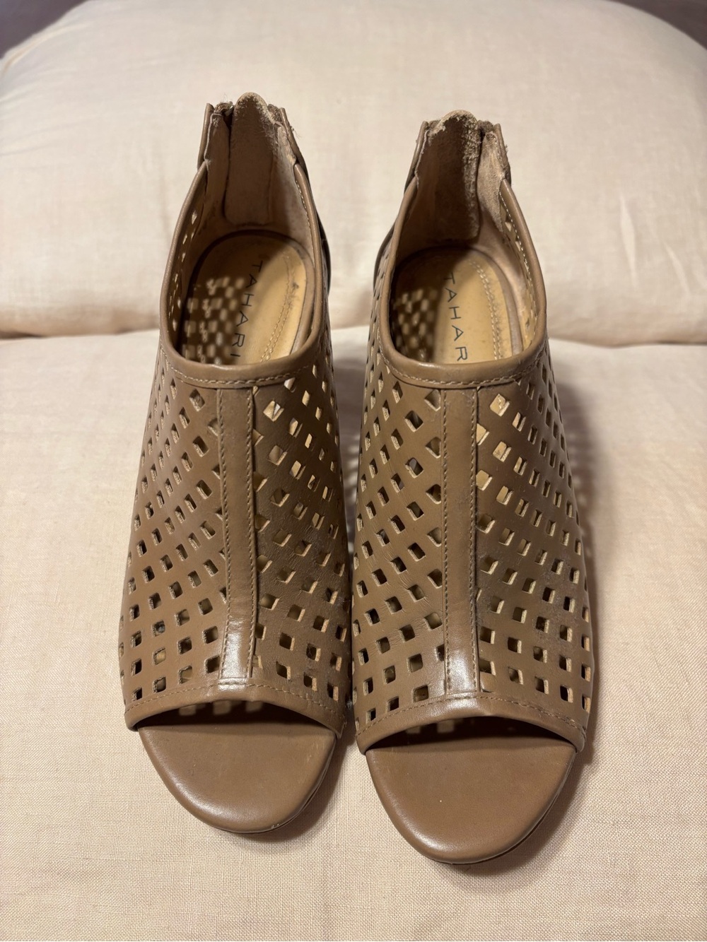Tahari Taupe Laser-Cut Peep-Toe Mules
